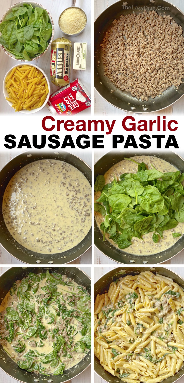My family loves this easy sausage pasta dinner recipe! It's made with just a few ingredients including ground sausage, spinach, pasta noodles, garlic, heavy cream, butter and parmesan cheese. How can you go wrong? It's so yummy! A really simple meal idea for busy moms and dads on a budget. It's feeds a large family with leftovers for lunch or dinner the next day! My picky eaters love it, and it's packed full of protein and heatlhy spinach. Serve with a salad or garlic bread. Perfect for busy weekday dinners.