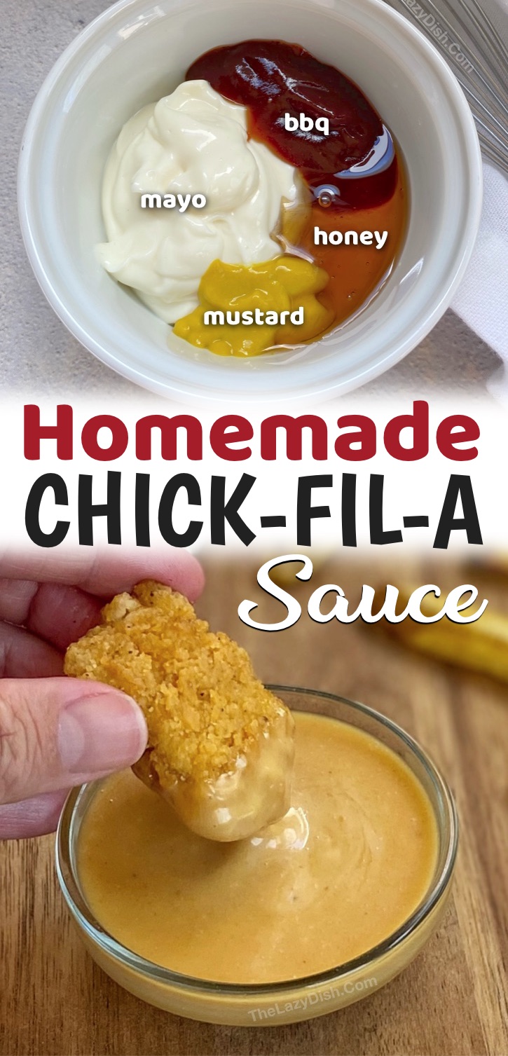 The best homemade chicken nutter dipping sauce! If you love Chick-Fil-A as much as my family does, then you are going to love this copycat chicken nugget dipping sauce! It's so easy to make with a mixture of sauces that you probably already have in your fridge: mayo, bbq sauce, honey and mustard. That's it! It's so yummy and perfect for any kind of chicken, even spread into a chicken sandwich. My kids absolutely love it, and my teenagers make it all of the time for frozen chicken nuggets and tenders. Goes great with fries, too!