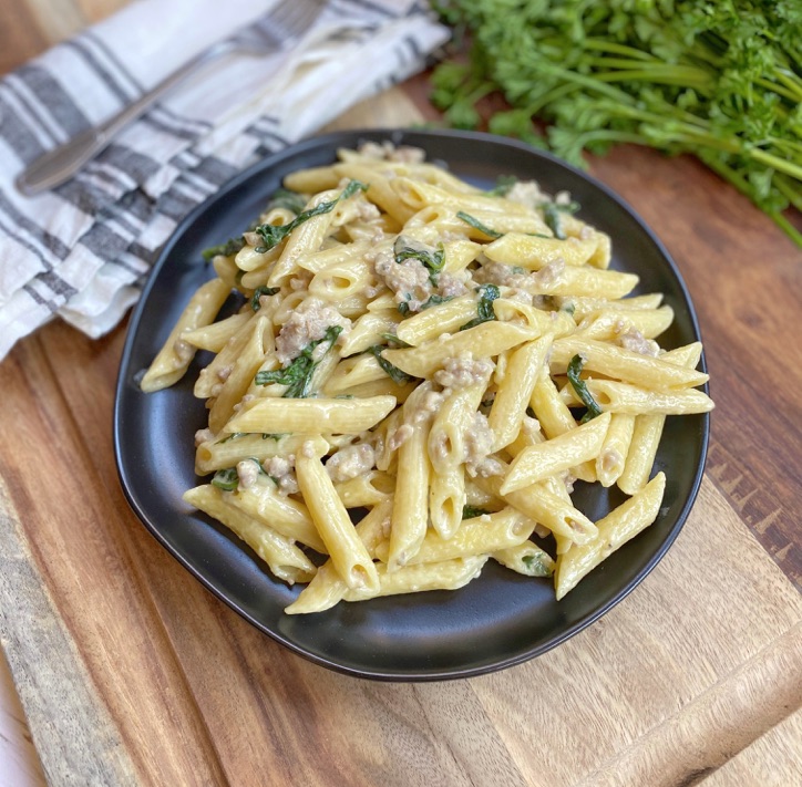 20 Minute Creamy Garlic & Sausage Pasta (Quick & Easy Dinner Recipe!)