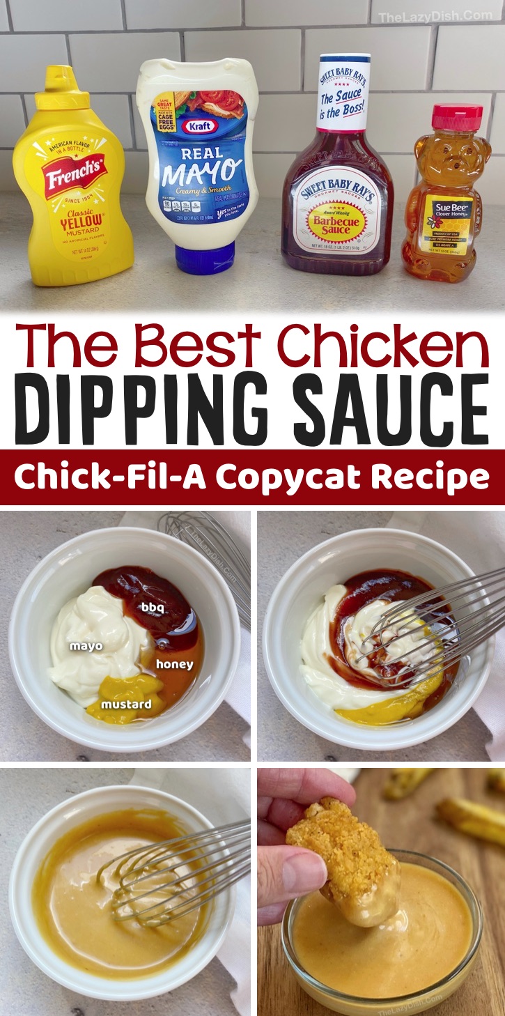 Looking for chicken nugget dipping sauce recipes? This Copycat Chick-fil-a sauce goes well with just about any chicken-- nuggets, tenders, baked, sandwiches, fries and more. Plus, it's super quick and easy to make with ingredients you probably already have: mayo, mustard, bbq and honey. So simple! My kids love this recipe and make it all of the time for frozen chicken tenders. It's also great spread on a chicken sandwich. And just 4 ingredients! You'll never make another sauce again.