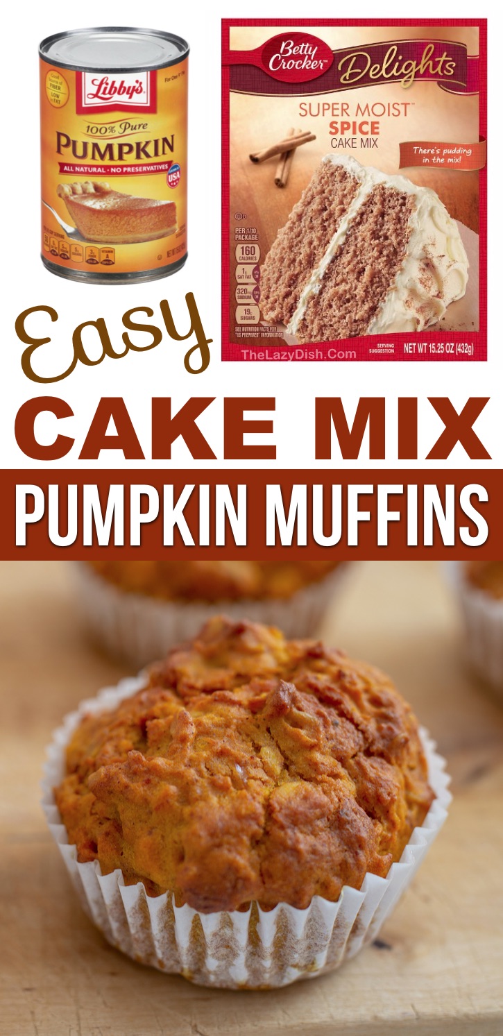 Looking for easy pumpkin recipes? These 2 ingredient cake mix pumpkin spice muffins are so quick and easy to make with just a box of Betty Crocker spice cake mix and a can of pumpkin puree. Awesome with cream cheese! Perfect for breakfast, snacks or desserts. So simple, moist and delicious. Even the kids will love these fall pumpkin pie inspired muffins. #cakemix #muffins #pumpkin #fall #thelazydish 
