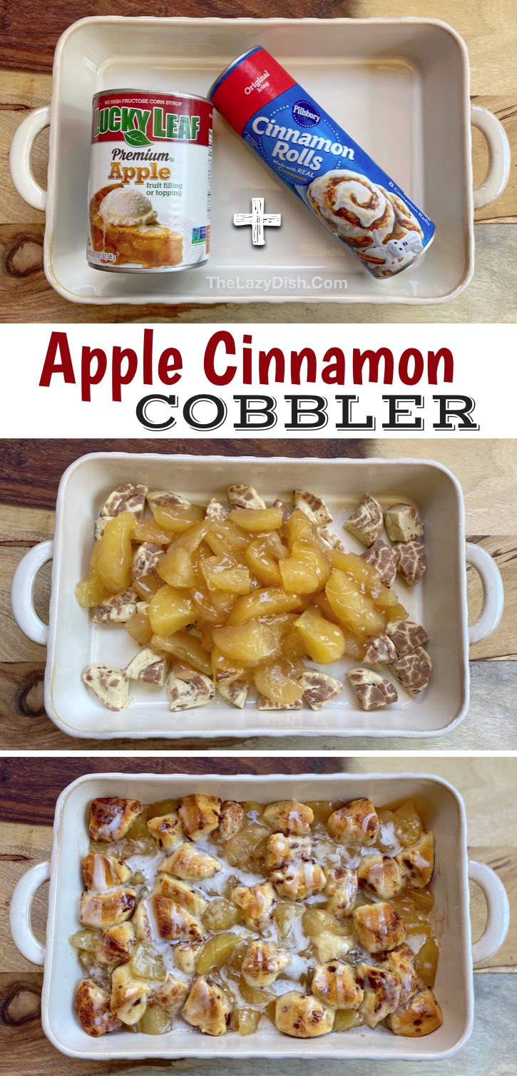 If you're looking for super quick and easy dessert recipes, this cinnamon roll apple cobbler is made with just 2 ingredients! A tube of cinnamon rolls and a can of apple pie filling. Serve warm with vanilla ice cream for the best treat on the planet. It's so easy to make, your kids can do it by themselves. Really fun to make, too! Very little prep. Just cut the cinnamon rolls into bite size pieces and then mix them with the pie filling. Once baked, drizzle with the icing. Yummy! So simple.