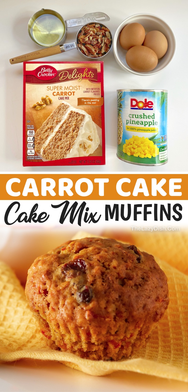 Quick and Easy Carrot Cake Muffins (made with a box of Betty Crocker carrot cake mix and crushed pineapple). So simple to make with just a few ingredients. Great for breakfast, snacks or even dessert with cream cheese or frosting. Kids love these muffins! A spring and Easter favorite recipe.