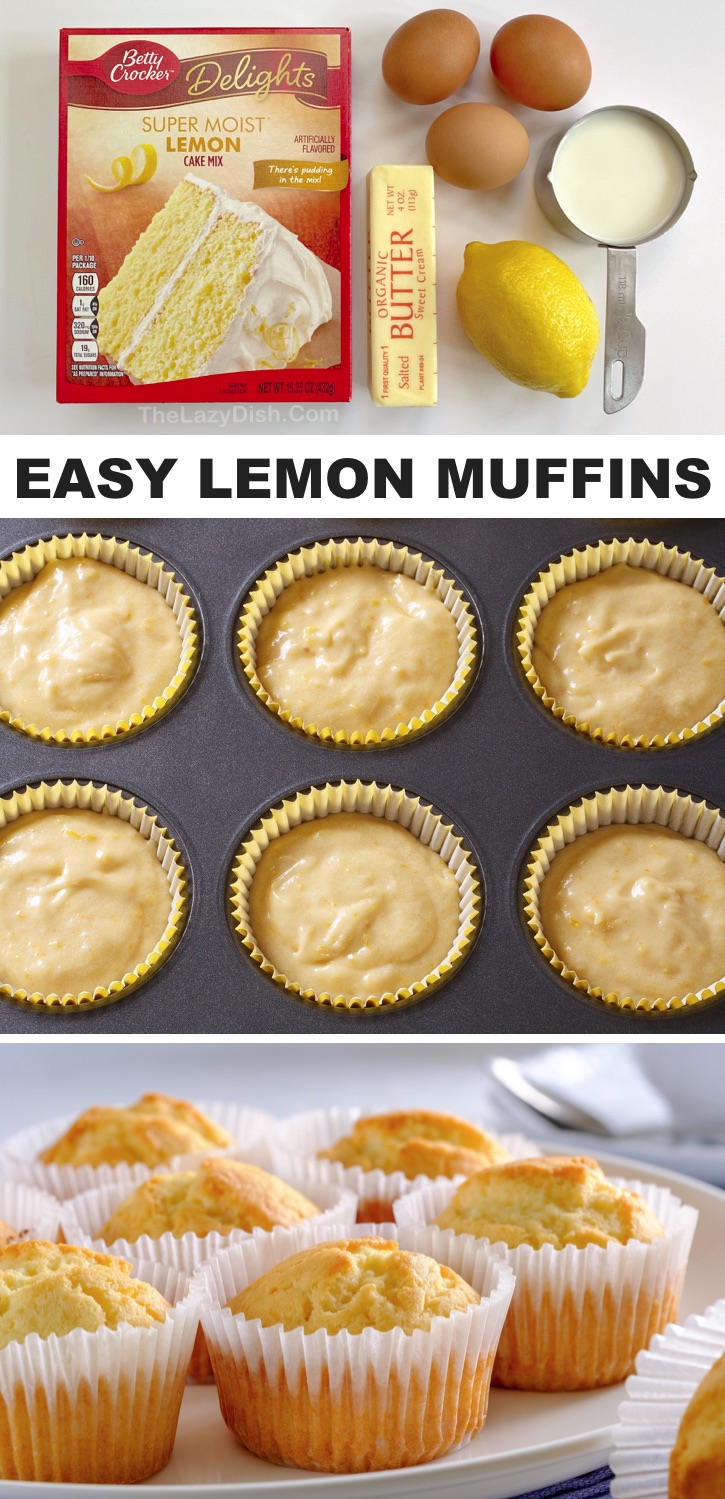 Easy Cake Mix Lemon Muffins (fast to make with just a few simple ingredients including Betty Crocker lemon cake mix, butter, eggs and milk!). Kids of all ages love these little snacks-- toddlers to teens! Perfect for their lunchbox, after school or even dessert. #muffins #lemon #snacks #thelazydish