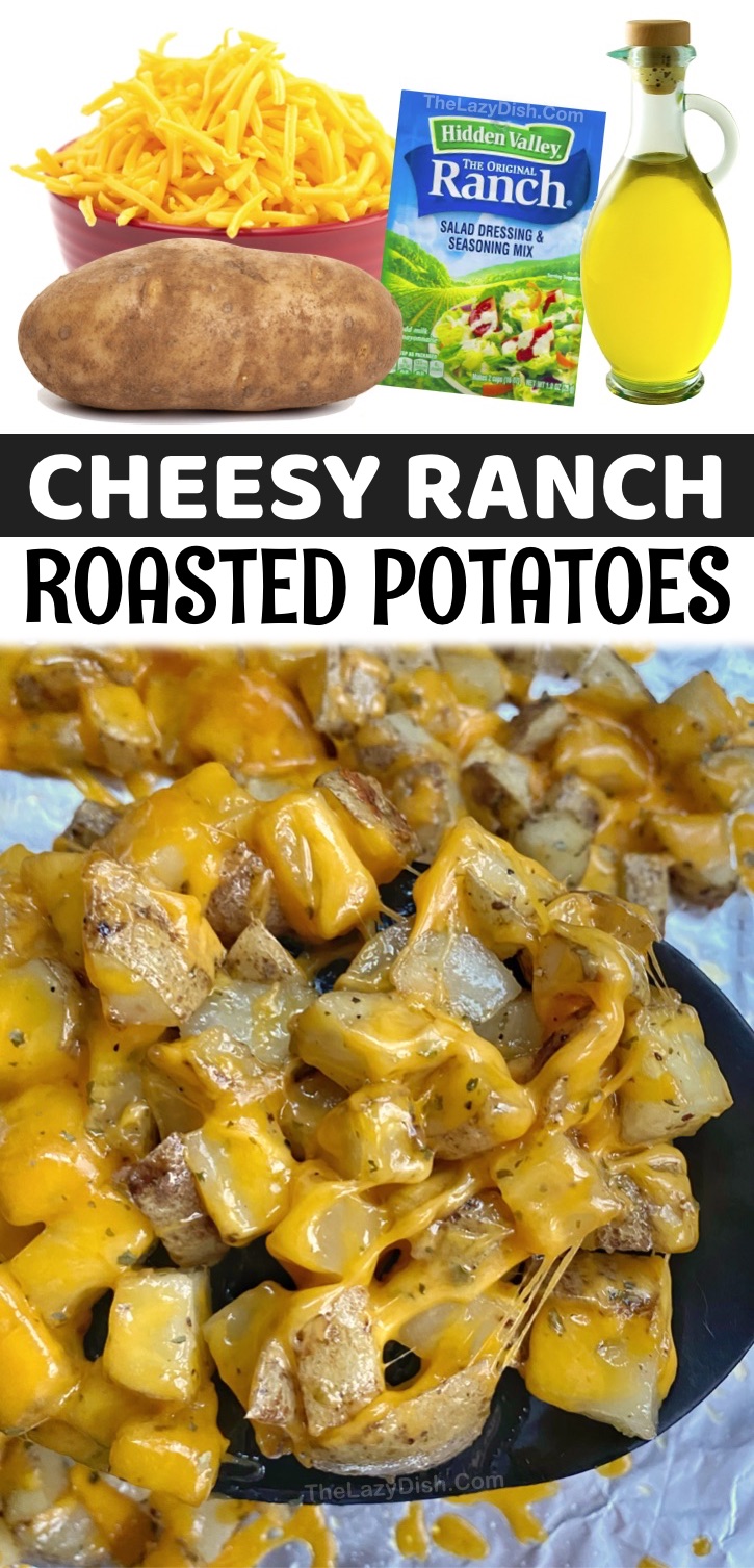If you’re looking for quick and easy potato side dishes, these cheesy ranch oven roasted potatoes are so good! They are simple and cheap to make in your oven with just a few ingredients including russet potatoes, cheddar cheese, ranch seasoning, olive oil and garlic powder. You’re just going to chop the potatoes and toss them with the oil and seasoning. Roast for about 40 minutes and then top with shredded cheddar. A family favorite. My kids absolutely love them served with chicken or steak. 