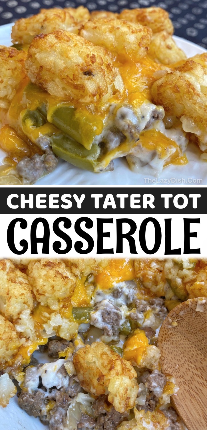 Cheesy Tater Tot Casserole - This easy casserole recipe is made with simple ingredients that your family will love: ground beef, cream of mushroom soup, cheddar cheese, green beans, onion and tater tots. Some serious comfort food! I’m always on the hunt for quick and easy dinner recipes, and my go-to weeknight meal usually comes down to some kind of casserole dish that I know my picky eaters will devour. This tater tot and ground beef casserole has everything you need in a meal, making it one of our favorite main dishes.