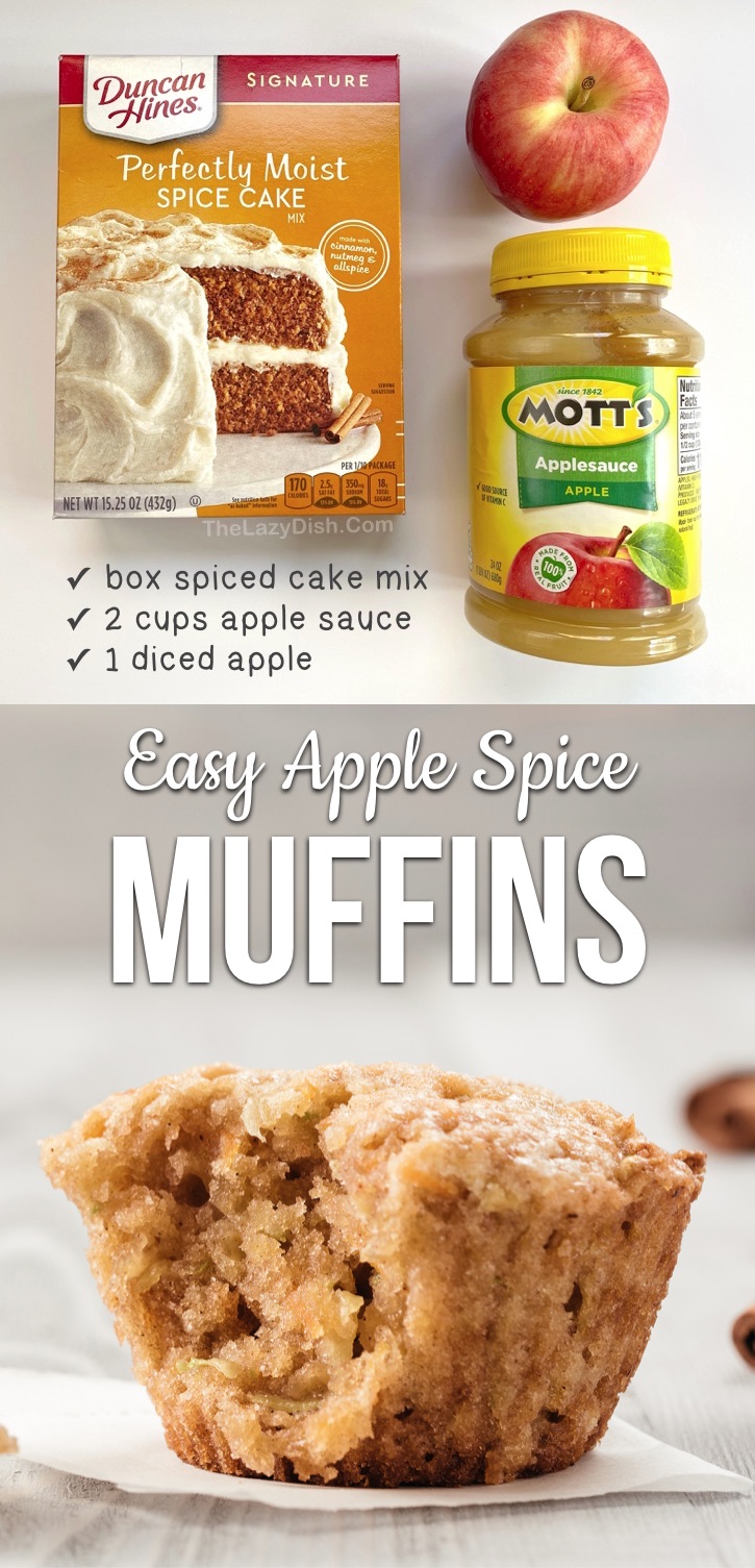 Easy Cake Mix Apple Muffins made with just 3 ingredients! So quick and simple to make. Perfect for fall snacks, treats and breakfast. Your kids will love them in their lunchbox, too! So easy and fun to make even your older kids and teens can make them. Made with just a box of Duncan Hines spice cake mix and apple sauce! #muffins #3ingredients #apple #snackideas #thelazydish 