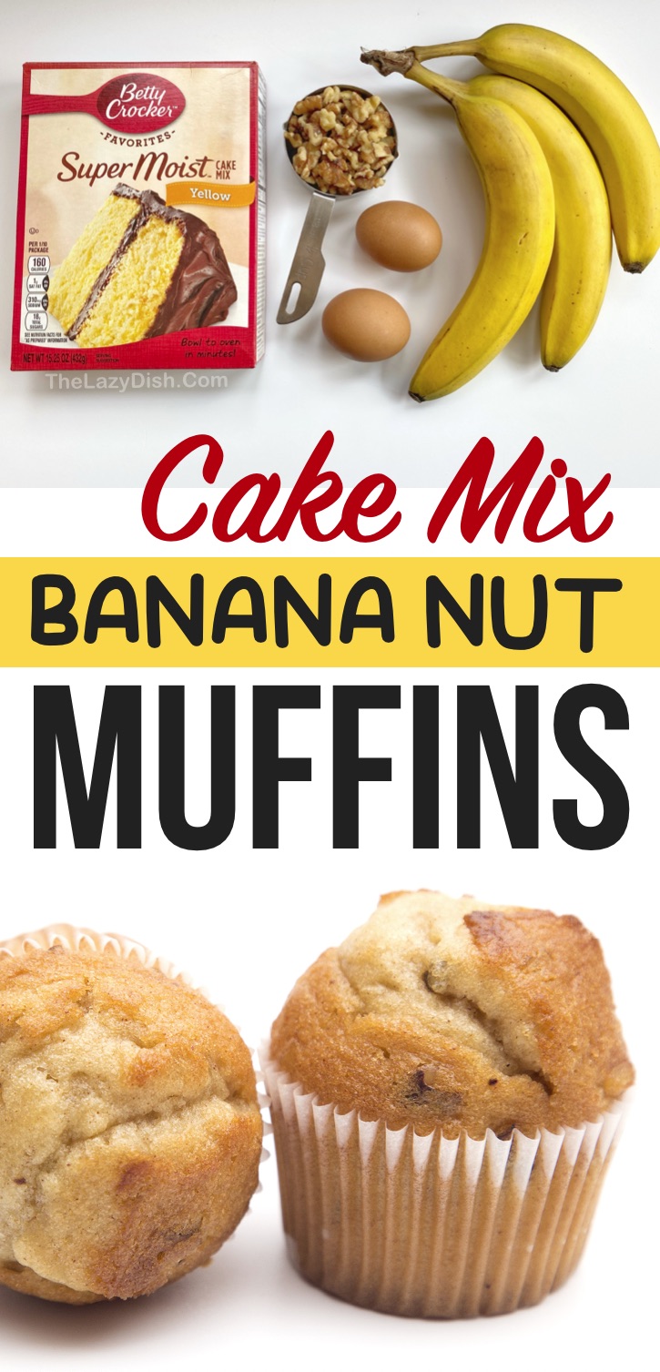 These quick and easy cake mix muffins are always a hit! So simple to make with just a few cheap ingredients: Betty Crocker yellow cake mix, bananas, eggs and nuts. You can also make them chocolate with chocolate cake mix! A super simple snack and breakfast idea for on the go. Kids also like these moist and delicious muffins in their lunch box for school or even as a quick after school snack. So fun and easy to make, even the kids can make them on their own! #muffins #snacks #thelazydish