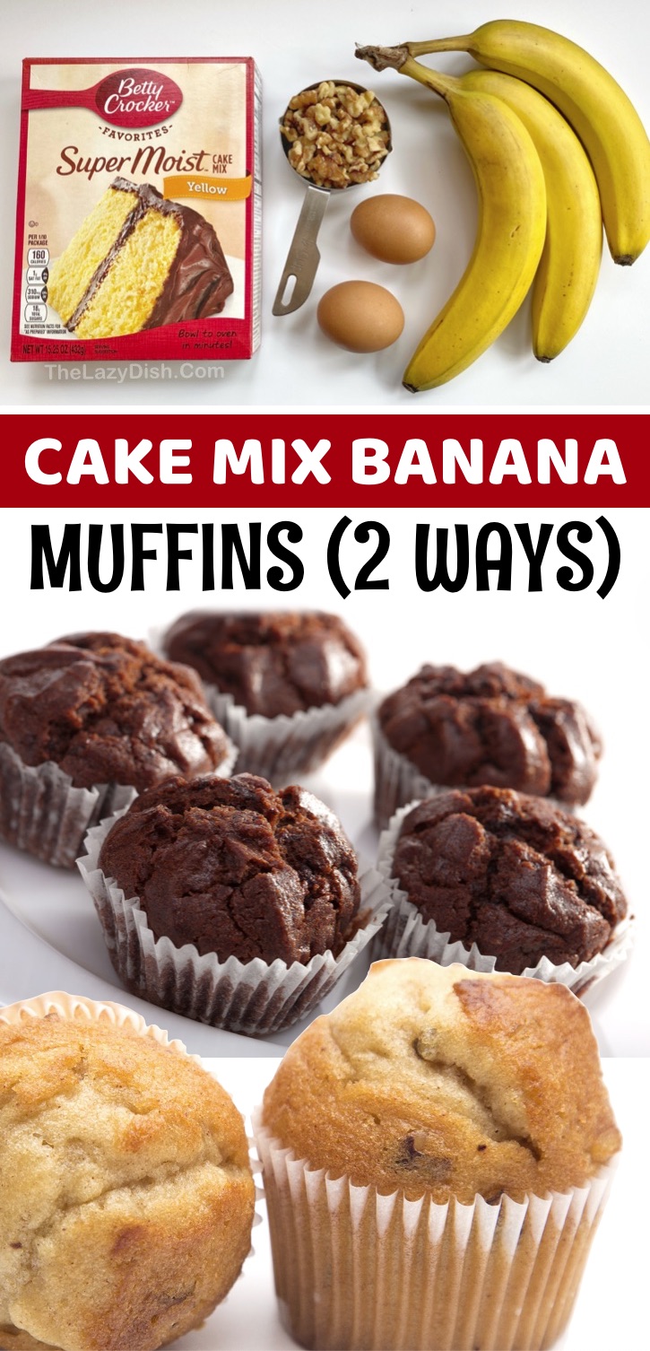 I don’t know if you’ve discovered all of the creative treats you can make with a box of Betty Crocker Cake Mix, but these 3 ingredient muffins are incredibly moist and delicious! These moist & yummy muffins are made with just a few bananas, eggs, cake mix and anything else you want to throw in there like chocolate chips or walnuts. You can essentially use any flavor of cake mix that you’d like for a variety of easy muffin recipes, but yellow and chocolate cake mix are a favorite in my house. 