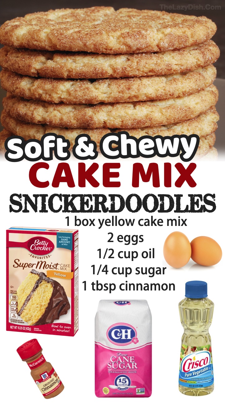 A Quick & Easy Dessert Recipe Made With Just 5 Ingredients! The best soft and chewy snickerdoodle cookies. You’re simply going to combine the box of yellow cake mix with eggs and oil, and then coat your cookie dough balls in lots of cinnamon and sugar. Your entire family will love these soft and delicious cookies. So simple to make, the kids can bake them on their own! Cake mix is my favorite way of making the softest cookies. These are great for a lazy Sunday at home.