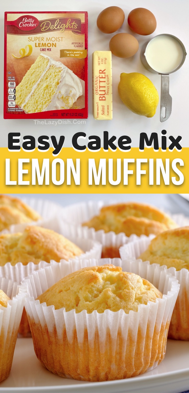 Lemon Muffins Made With Cake Mix (quick and easy to make with just a few cheap ingredients. Your kids will LOVE this simple muffin recipe. Perfect little snacks for lunch boxes, on the go, breakfast or even dessert. A fun snack recipe that's easy enough for your older kids to bake. #cakemix #muffins #lemon #thelazydish