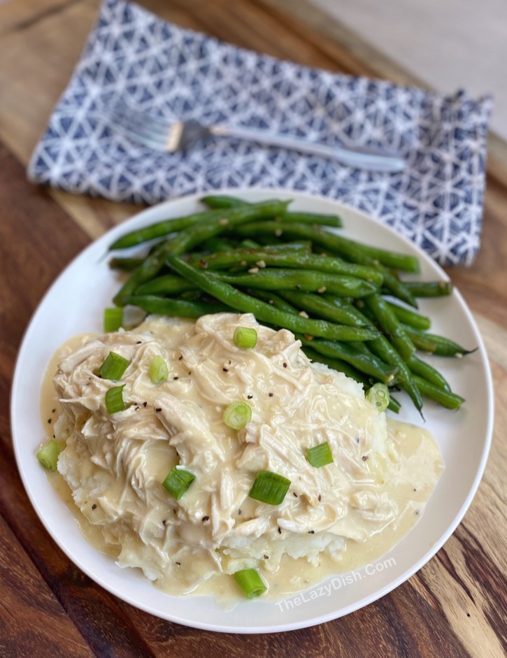 Crockpot Chicken Dinner Recipe With Few Ingredients -- Creamy Chicken and Gravy. Great family meal even for picky eaters! Made with chicken breasts, gravy mix, cream of chicken soup and sour cream.