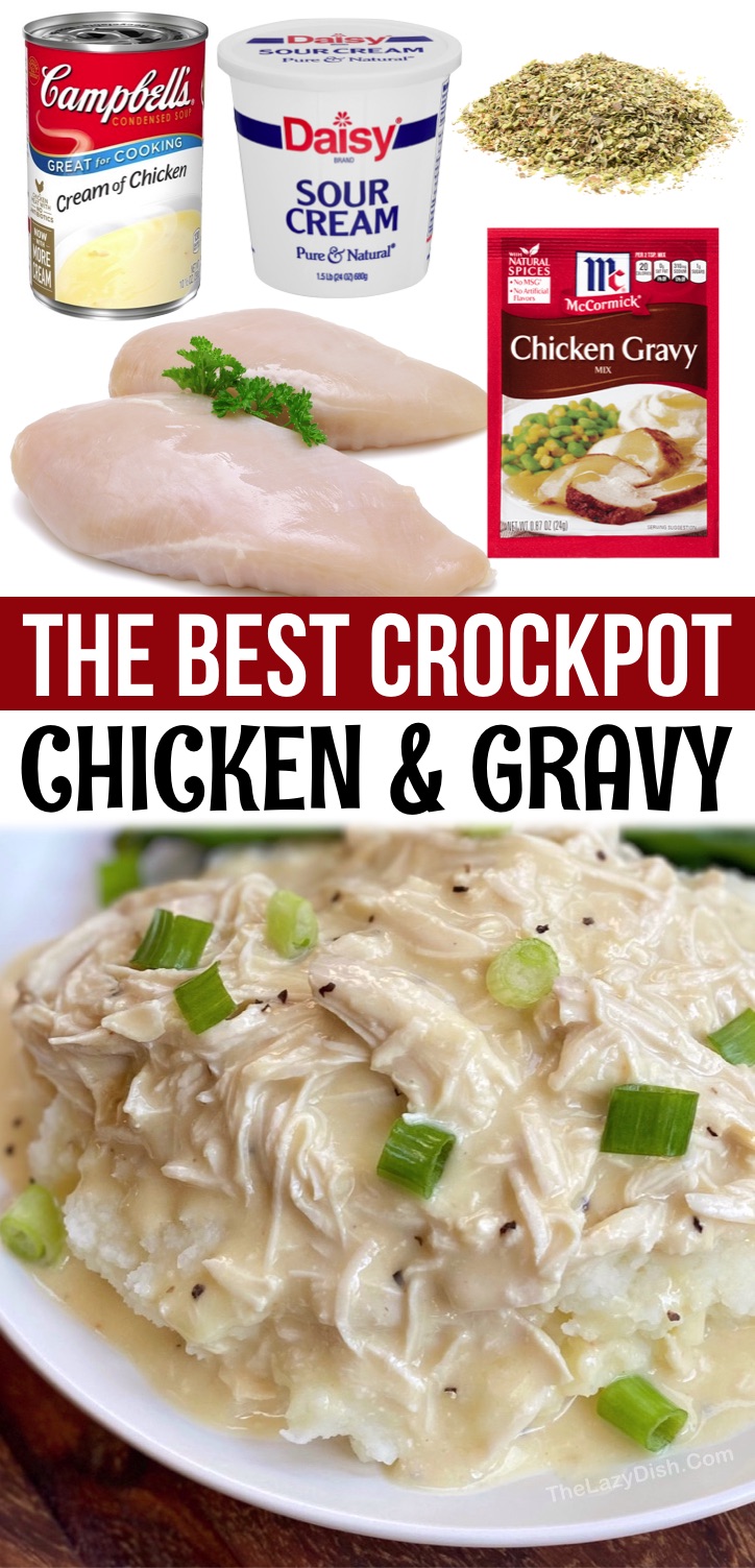 Easy Crockpot Chicken & Gravy - An easy slow cooker dinner recipe for the family! Serve over mashed potatoes, rice or pasta. This simple chicken dinner recipe is perfect for your picky eaters. It's the best weeknight meal for a busy family, and just as good leftover for lunch or dinner the next day. Serve with a side of veggies or salad to make it a complete healthy meal. Your kids are going to gobble it up! If you're looking for easy crockpot dinner recipes, your search ends here with this shredded crockpot chicken and gravy.