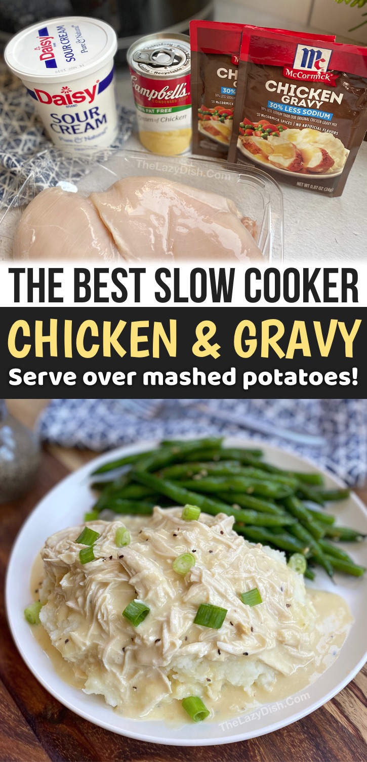 This slow cooker chicken dinner recipe is so simple to make with just a few cheap ingredients! Cream of chicken soup, sour cream and seasoning. It's perfect for a family with picky eaters and hungry husbands. Serve over mashed potatoes or rice. The perfect crockpot main dish for busy weeknight meals! If you're looking for slow cooker chicken dinner recipes, add this simple recipe to your weekly meal plan. Make it healthy with a side veggies. It's just as good leftover! #slowcooker #chickendinner