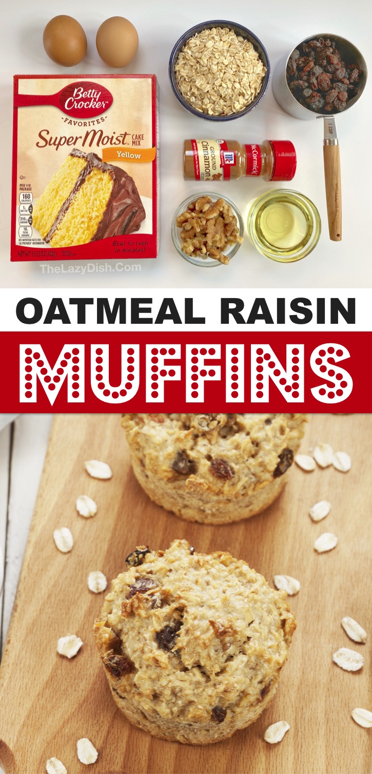 Looking for quick and easy on the go breakfast ideas? These cake mix oatmeal muffins are so simple to make with just a few ingredients including boxed yellow cake mix and oats. Even your picky kids will love these moist and delicius muffins. They are also great for lunchboxes and after school snacks. Serve warm with butter! SO GOOD! An easy breakfast idea for busy moms and dads. Simple enough for your kids to help make. I love baking with cake mixes! #muffins #breakfast #snacks #thelazydish