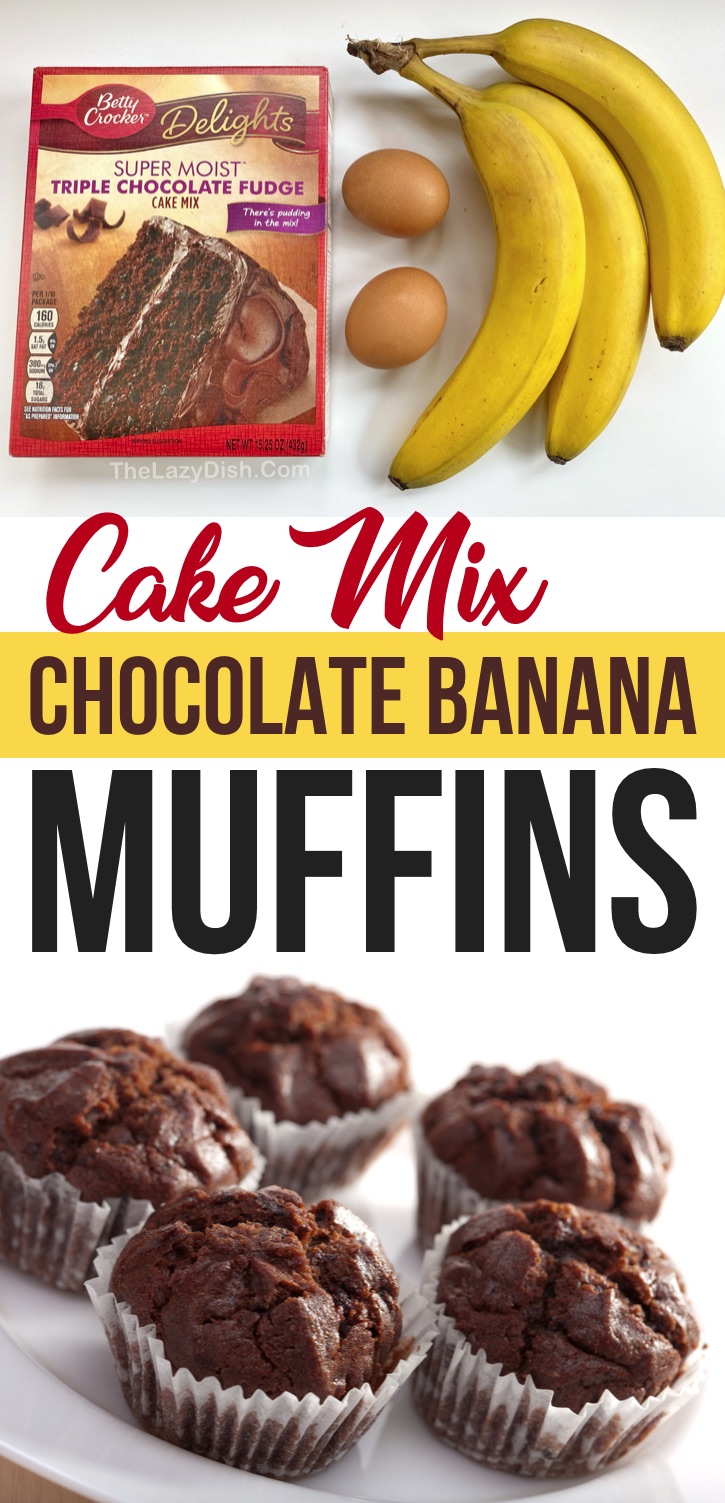 Cake Mix Chocolate Banana Muffins (just 3 ingredients plus the optional chocolate chips!) So quick and easy to make with just a few ingredients. The Best lazy way to make muffins. This easy baking recipe is a hit with kids! Great for a busy morning breakfast or on the go snack before and after sports practice. #cakemix #3ingredients #muffins #chocolate #thelazydish