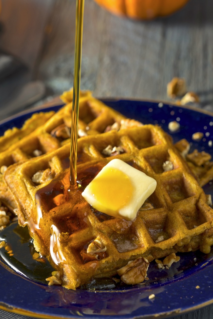 Easy Pumpkin Spice Waffles Recipe Made With Bisquick Pancake Mix. A sweet and delicious fall breakfast idea!