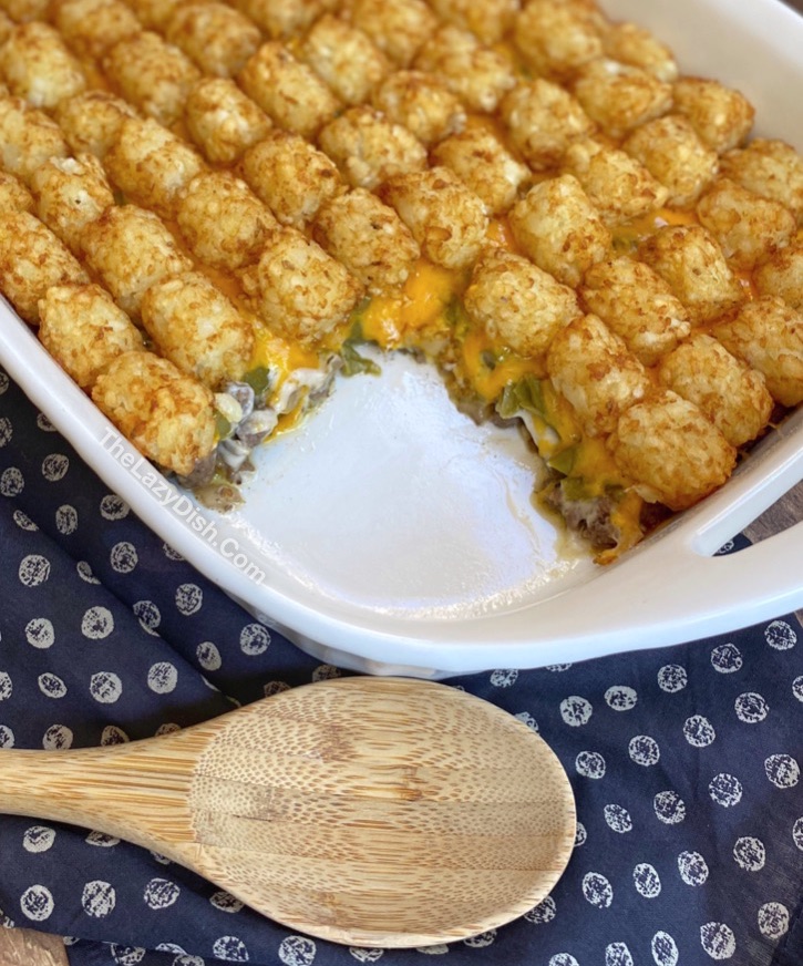 Quick & Easy Cheesy Tater Tot Casserole (made with ground beef, cream of mushroom soup, green beans)