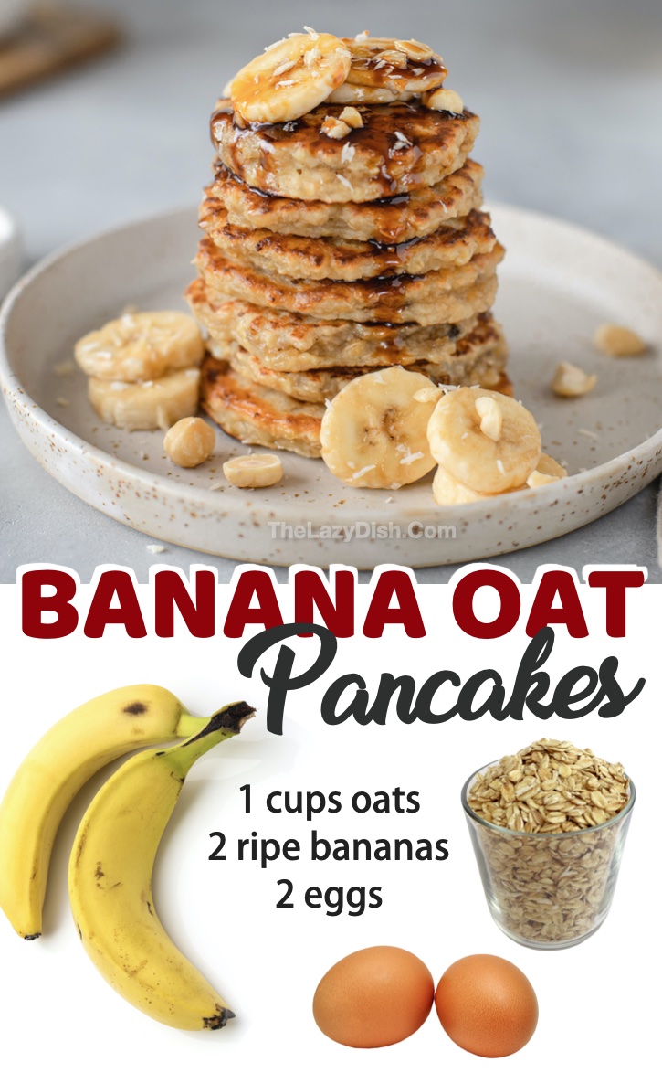 f you’re on the hunt for simple clean eating breakfast recipes, you’re going to love these healthy banana oatmeal pancakes! They are made with just a few ingredients: bananas, oats eggs, and the optional vanilla, cinnamon and mix-ins of your choice. They are vegetarian, flourless, sugar-free, low calorie and super easy to make. What more could you ask for, especially on busy mornings? Even my kids will love them, and they are some serious picky eaters! Great evey on busy school mornings.