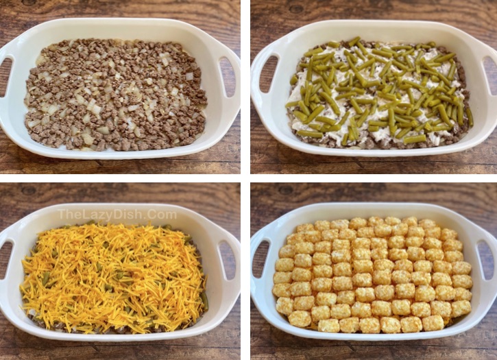 How to make a tater tot casserole with ground beef, cream of mushroom soup and green beans. Easy family dinner recipe!