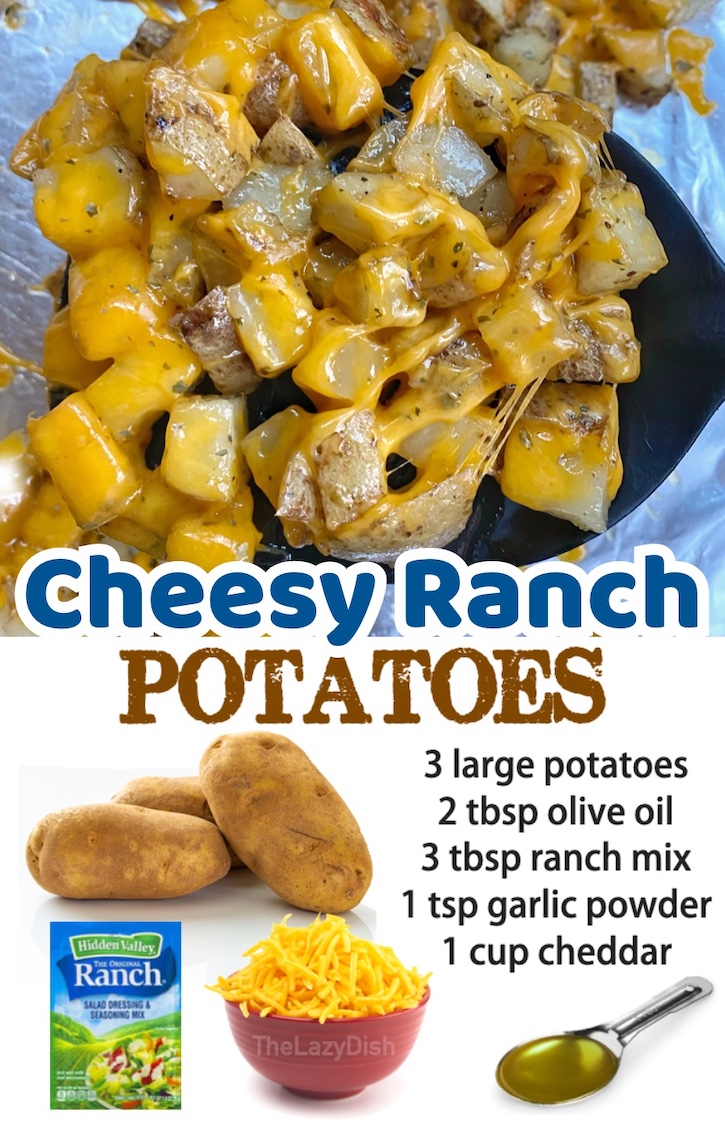 The best quick and easy potato side dish! Chopped and roasted potatoes with olive oil, cheddar cheese, garlic powder and ranch seasoning. Serve this delicious side dish with chicken or steak for the best comfort food! My kids love them. 