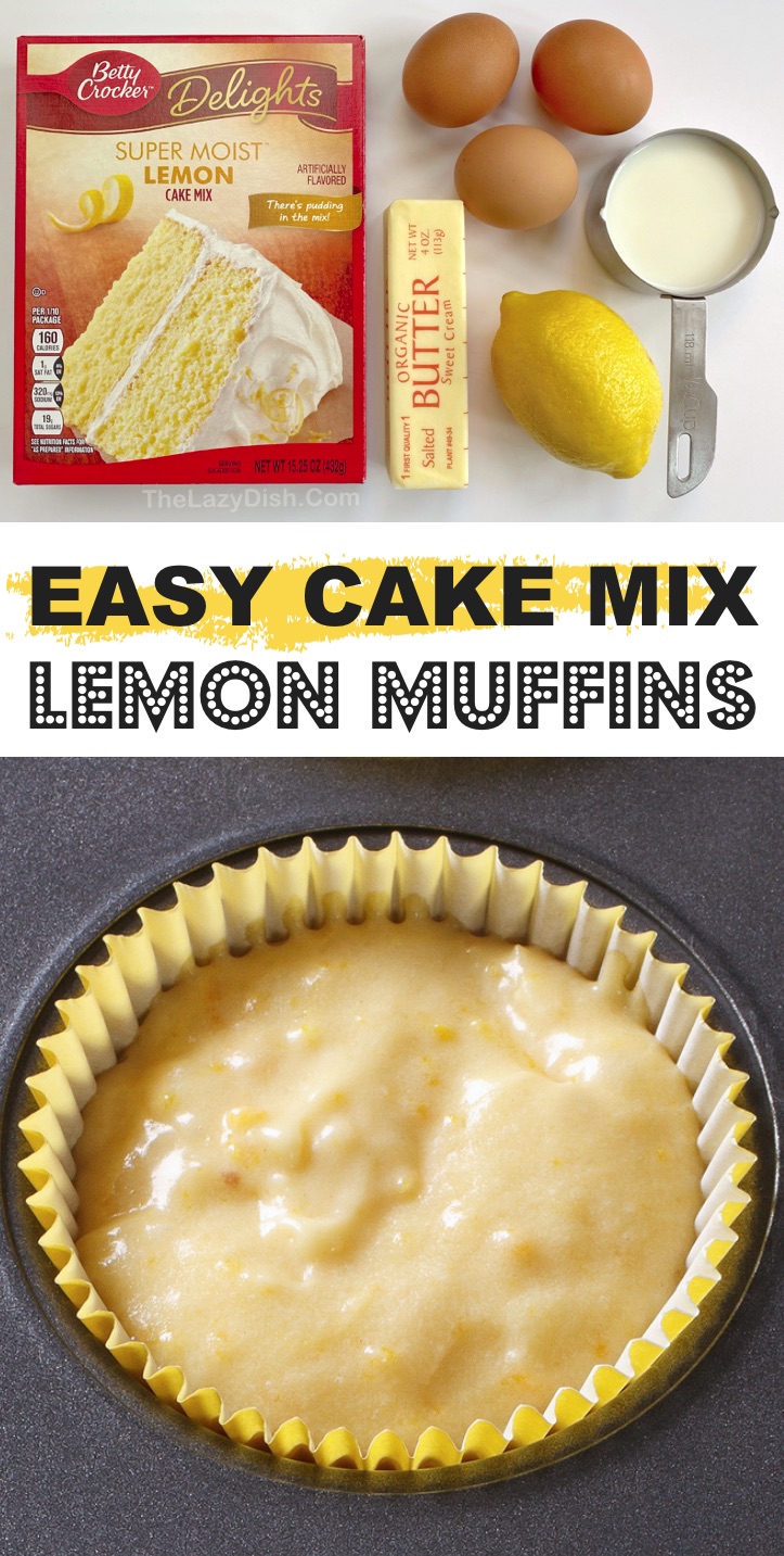 Lemon Muffins Made With Cake Mix (Quick and easy to make with just a few ingredients!). Your kids will love this easy snack idea. These simple muffins are perfect for on the go, breakfast or even dessert. Toddlers and teens love them! Made with pantry staples like butter, eggs and milk. #muffins #snacks #thelazydish