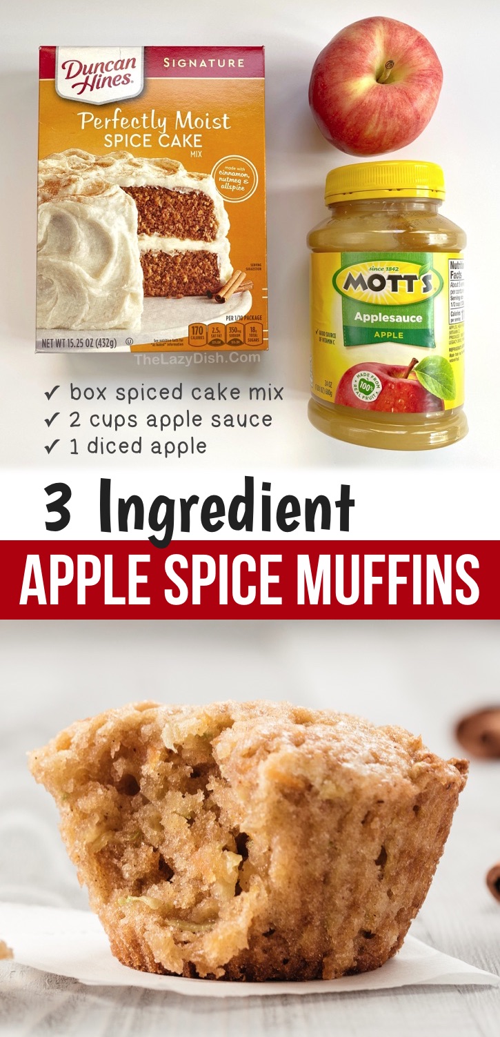 Looking for easy snacks to make at home? These fall inspired cake mix muffins are made with just 3 simple ingredients: boxed spice cake mix, apple sauce and a diced apple! So moist and delicious, too. These quick and easy apple muffins are perfect for snacks, breakfast and treats. Kids and adults love this yummy muffin recipe! I just love cake mixes-- they make baking easy and fun. These muffins are perfect for on the go, too. Bring them to work or school! #fall #muffins #snacks #thelazydish 