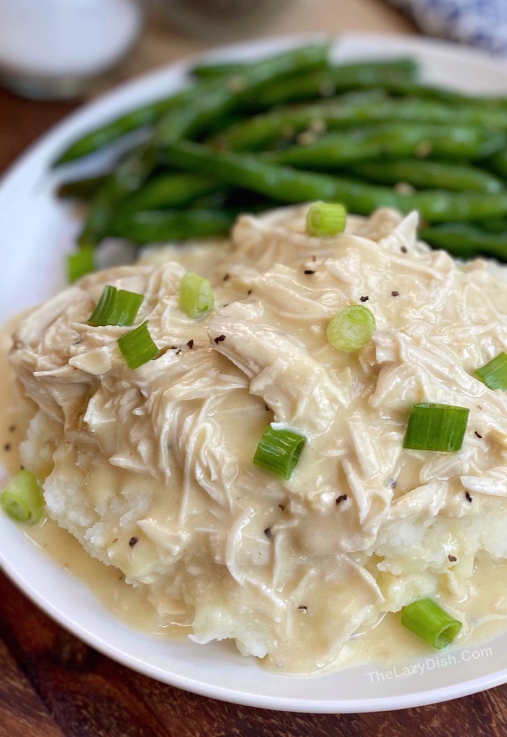 Slow Cooker Shredded Chicken & Gravy -- Easy family dinner recipe! Perfect for busy moms and dads. Made with just a few simple and cheap ingredients.