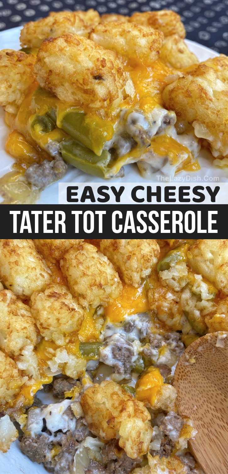 Looking for delicious family dinner recipes? This cheesy tater tot casserole is made with simple and cheap ingredients including ground beef, cheese and cream of mushroom soup. It's sooo yummy! Some serious comfort food, and feeds a large family of 6-8 people. You're going to love this budget friendly ground beef casserole. Even your kids and picky eaters will cobble it up. Yum! How can you go wrong with beef, potatoes and cheese? #thelazydish #familymeals #casseroles #groundbeef