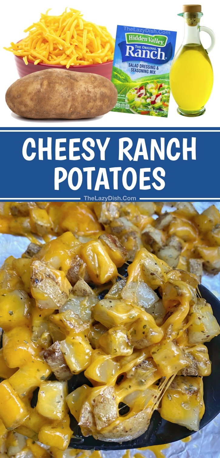Looking for easy potato side dishes for dinner? These oven baked cheesy garlic ranch potatoes are SO GOOD paired with chicken, steak, bbq, pork chops, fish, ribs and more! I use russet potatoes, but any potato will do. So quick and easy to make with just a few ingredients including olive oil, cheddar cheese, ranch seasoning and garlic powder. Just roast them up in your oven on a large baking sheet. Your entire family will love this simple side dish-- including your picky kids and hungry husband!