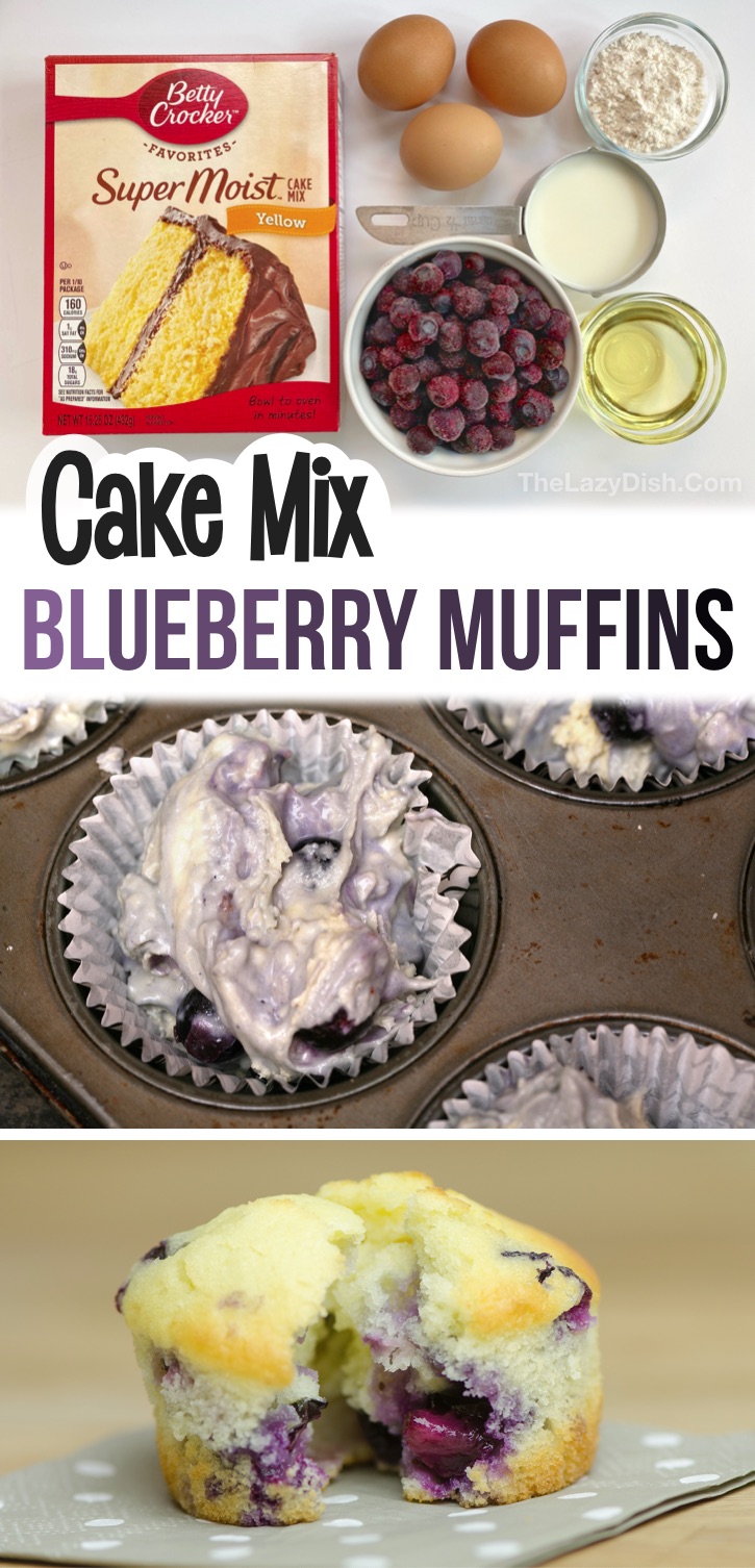 Looking for easy on the go breakfast ideas? These simple blueberry muffins are made with just a few cheap ingredients including boxed yellow or white cake mix! Kids and adults love this on the go treat for breakfast and after school snacks. They are also perfect for work, busy mornings and sports practice. Quick and easy to make with fresh or frozen blueberries! #muffins #cakemix #thelazydish 