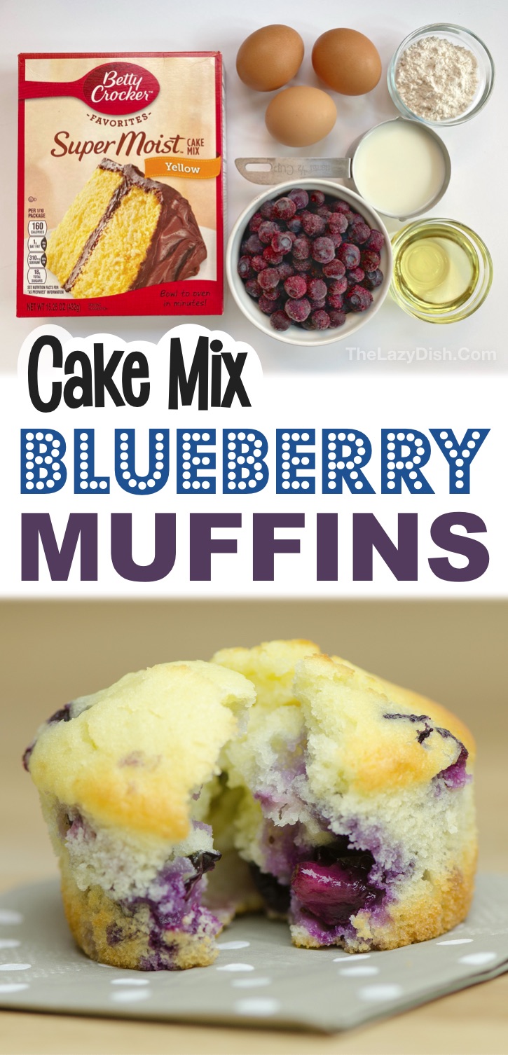 Looking for quick and easy snack and breakfast ideas? These simple blueberry muffins are made with just a few ingredients including boxed yellow cake mix! Kids and adults love this on the go treat. They are perfect for work, after school, busy mornings and sports practice. Made with fresh or frozen blueberries! #muffins #cakemix #thelazydish 