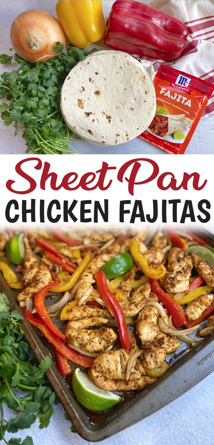 Easy Sheet Pan Chicken Fajitas (Oven Baked Recipe) -- If you're looking for quick and easy dinner recipes for your family, these chicken fajitas are amazing! So simple to make with just a few ingredients. Great for busy weeknight meals. 