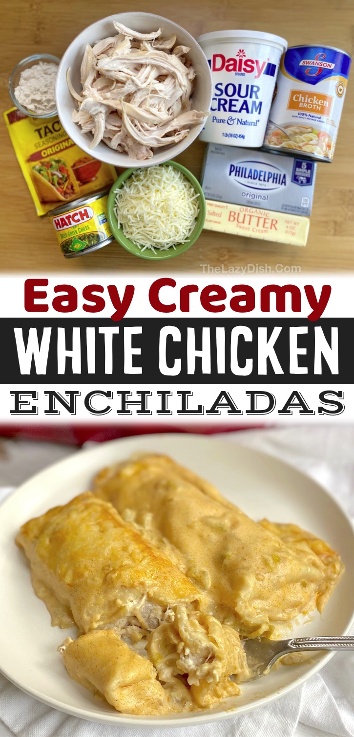 Easy White Chicken Enchiladas Recipe -- My favorite quick and easy dinner recipe for busy weeknight meals! My family loves these enchiladas, including my picky kids and hungry husband. Such a simple dinner recipe made with rotisserie chicken and other cheap ingredients. 