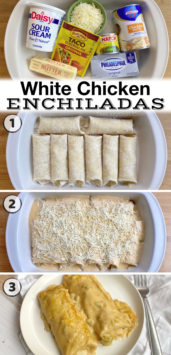 Easy Cream Cheese Chicken Enchiladas -- The best quick and easy family dinner idea! My picky kids and husband love these enchiladas. If you're looking for family dinner recipes on a budget, this simple weeknight meal is all you need. A great last minute dinner for hectic weeknights. 