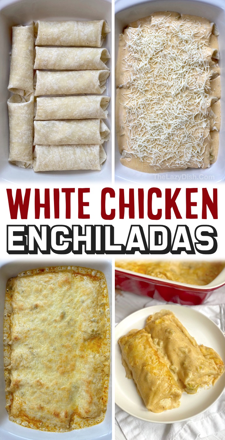 Easy Family Dinner Ideas For Your Picky Eaters | These cheesy oven baked white chicken enchiladas are so quick and easy to make for busy weeknight meals! My kids and my husband both beg me to make this recipe all of the time. It's really simple to make thanks to rotisserie chicken and a few other staple ingredients. Some serious comfort food! This budget friendly recipe is a regular at my house, add it to your dinner rotation. Your kids will thank you. Serve alone or with rice and beans. So yummy!