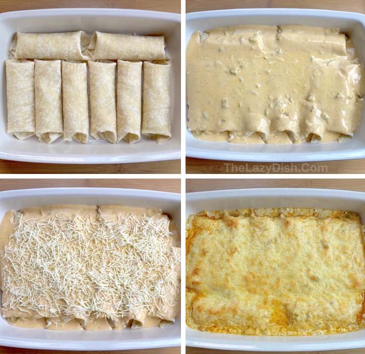 Last Minute Easy Dinner Ideas -- A family favorite! These white chicken enchiladas are so quick to make thanks to rotisserie chicken. 