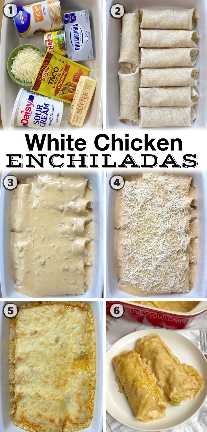 Looking for easy last minute dinner ideas for your family? Even my picky kids love these creamy white chicken enchiladas. They are a great way to use up a rotisserie chicken, and so simple to make with just a few cheap ingredients. They are extra creamy thanks to the cream cheese and sour cream. So yummy!