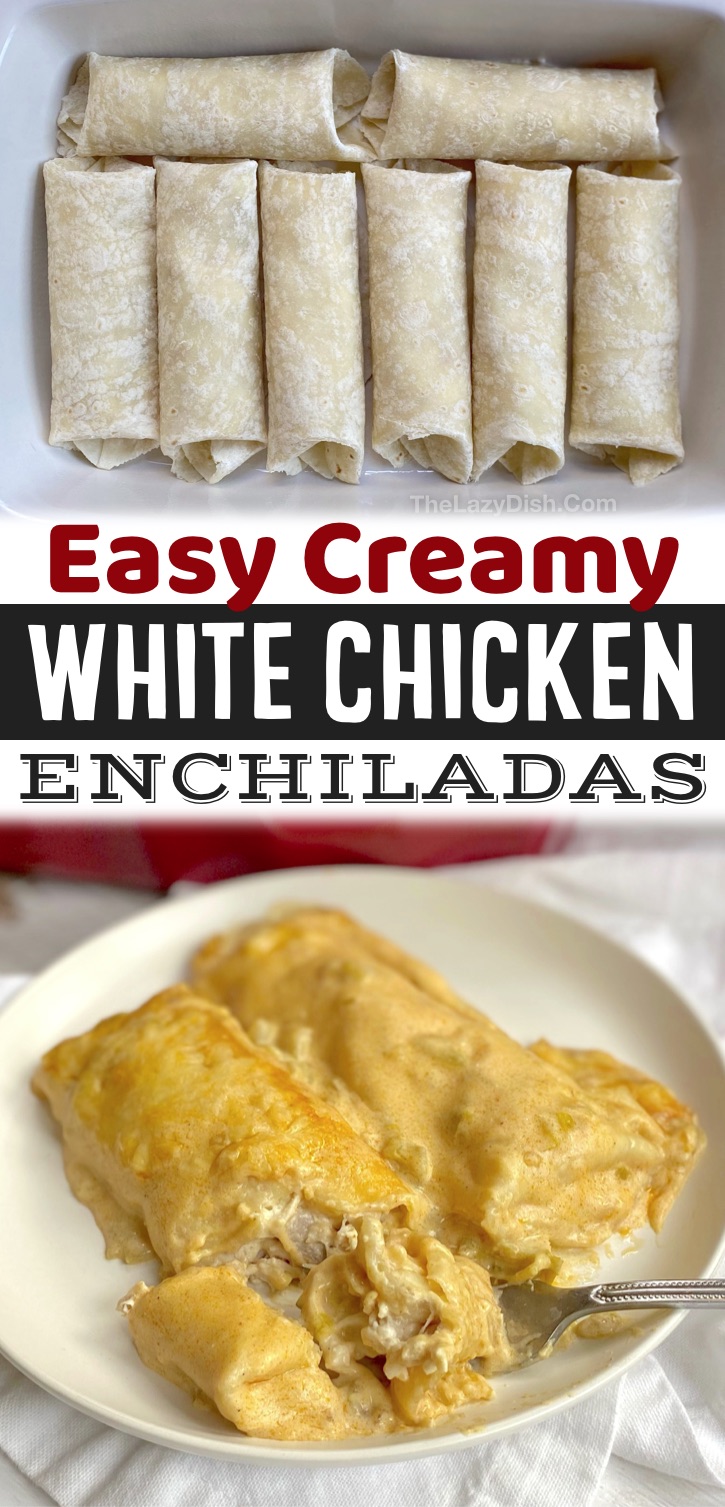 The Best Baked Creamy Chicken Enchiladas -- Made with rotisserie chicken, cream cheese, sour cream and flour tortillas! If you're looking for quick and easy dinner recipes for a family with kids, this simple weeknight meal is all you need. It's cheap, simple and delicious! Even my picky eaters love it.