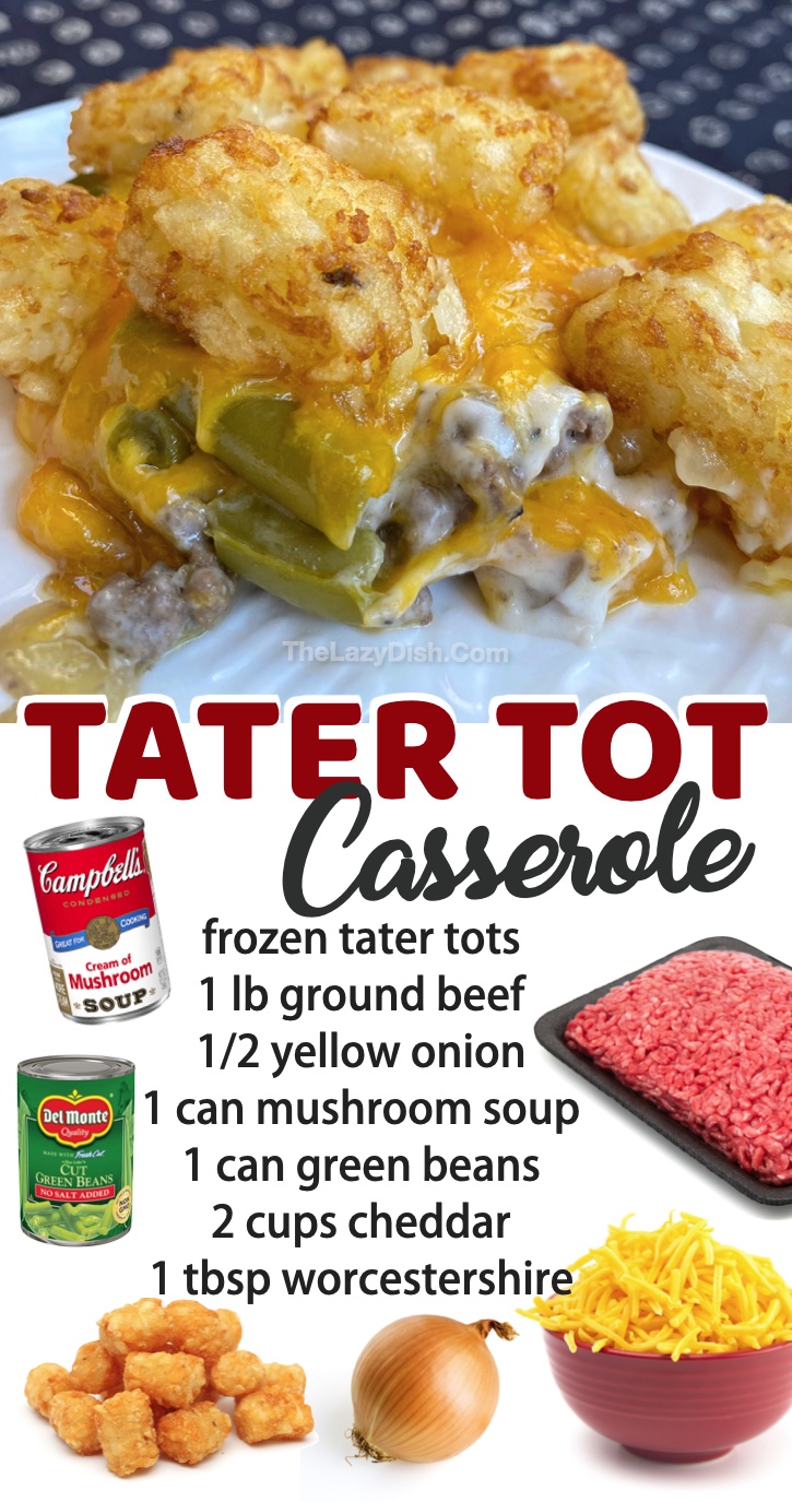 Super quick and easy family dinner recipes to try! This cheesy ground beef tater tot casserole is perfect for busy weeknight meals. My picky kids love it! Plus it's cheap and simple to make in your oven. Great leftover, too!