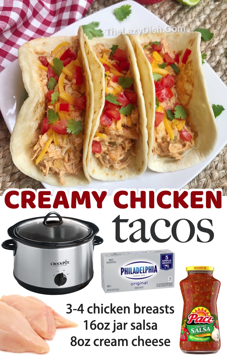 3 Ingredient Creamy Chicken Tacos (Easy Slow Cooker Recipe) My family loves this easy way to make chicken in a crockpot! One of my picky eaters favorite meals. So cheap and easy to make with just a few ingredients including cream cheese and salsa. A great list of family friendly dinner recipes! 