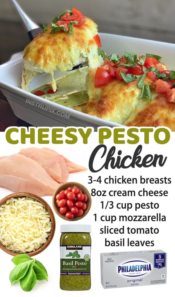 Cheesy Pesto Baked Chicken | A low carb and healthy dinner recipe for your family! Even my picky eaters love this simple way to bake chicken. I've also rounded up 20 other super easy dinner recipes for your family-- chicken, beef, pasta, slow cooker meals and more. A nice variety! Add these to your meal plan.