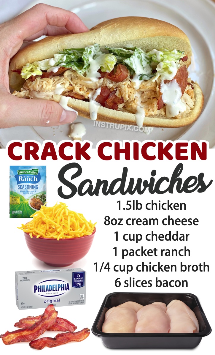 Slow Cooker Shredded Chicken Sandwiches (With Bacon) | A long list of quick and easy family dinner recipes! My kids love all of these meals, plus they are cheap to throw together on busy weeknights. This chicken recipe is addicting! My kids request it all the time.