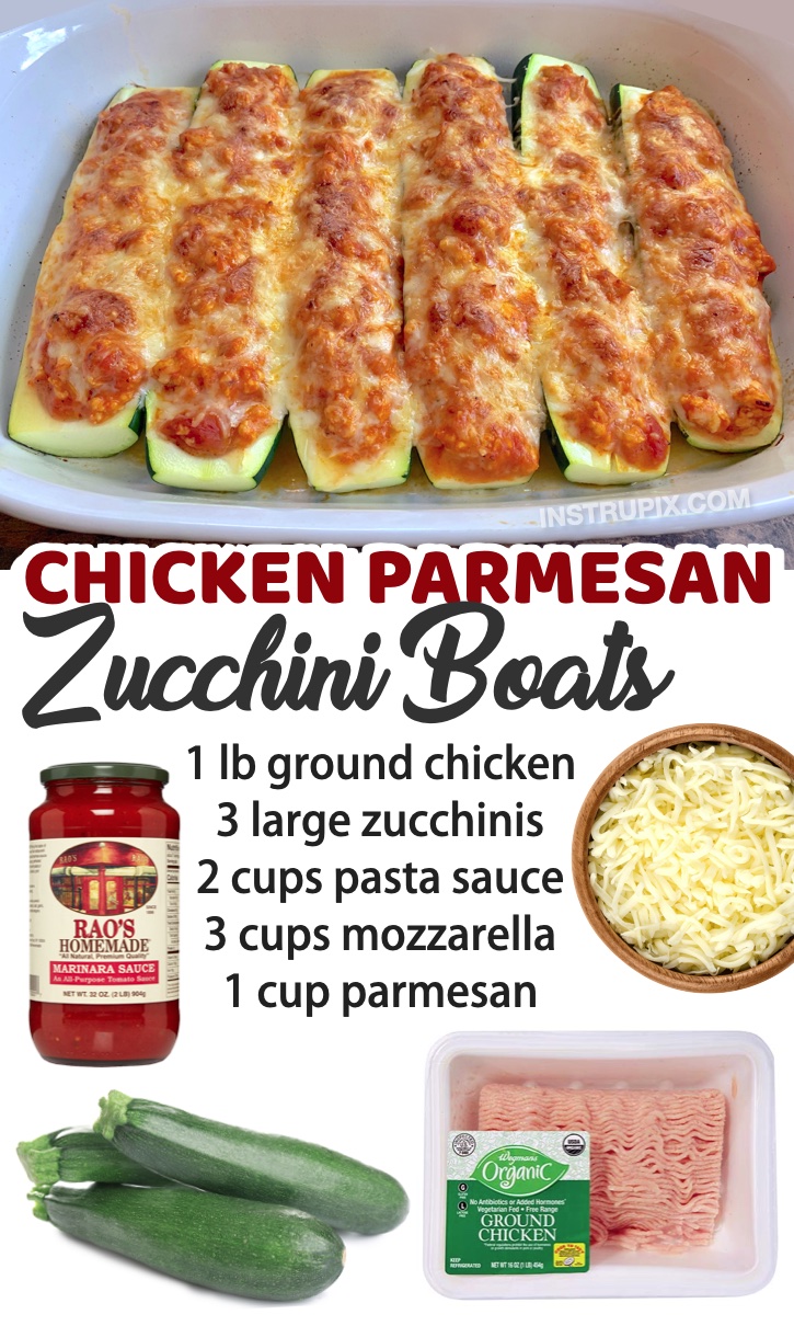 Chicken Parmesan Zucchini Boats | Looking for low carb dinner recipes that your entire family will enjoy? Everyone will love this easy ground chicken recipe, along with a list of other simple weeknight meals to try. Feeding family with kids isn't easy, especially when you're trying to be healthy, but this dish tastes like comfort food! 