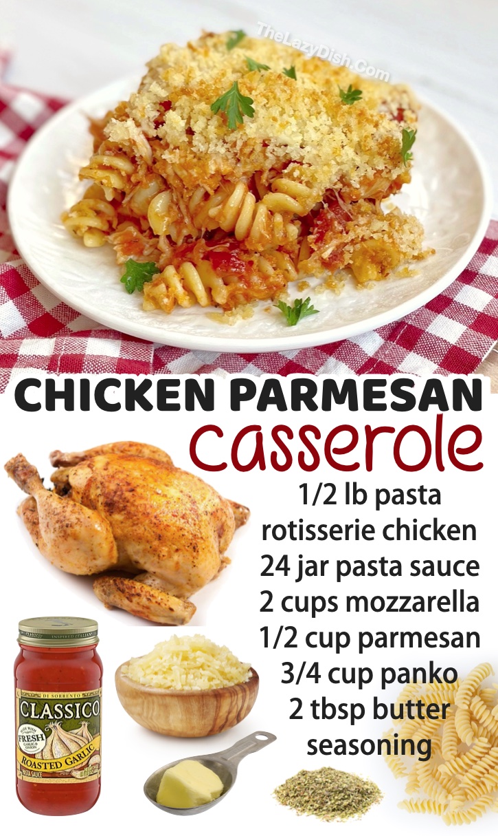 Looking for dinner recipes for a family with kids? You're going to love this chicken parmesan casserole, as well as this long list of other simple meals for your picky eaters! Rotisserie chicken makes everything delicious, not to mention incredibly easy to make. 