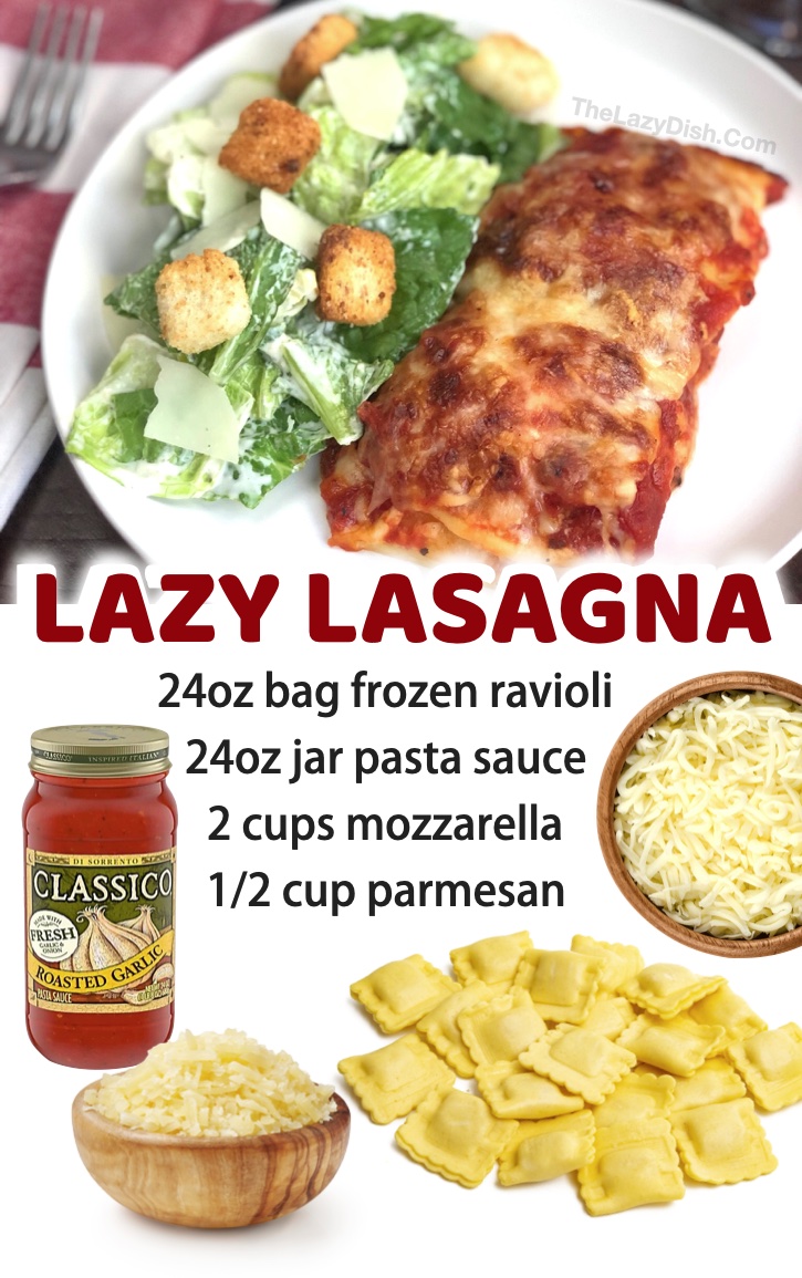 Lazy Lasagna (3 Ingredient Dinner Recipe) | If you're looking for simple meal ideas for your picky eaters, you've got to try this baked ravioli! Super cheap to make and great for last minute dinners when you don't have anything planned.