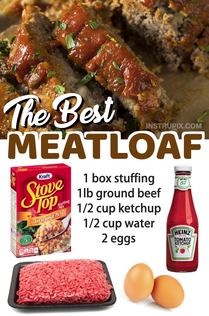 The Best Meatloaf (made with a box of stuffing!) Looking for easy ground beef recipes for dinner? Your family is going to love this list of easy weeknight meals. Everything from healthy recipes to comfort foods for your picky eaters.