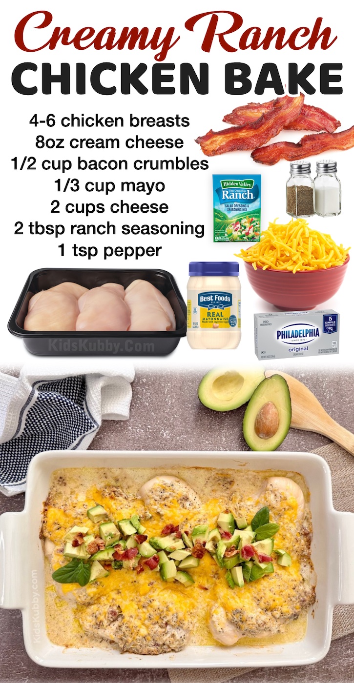 Creamy Ranch Baked Chicken Breasts | This cheesy chicken recipe is a win with my family! It's super versatile, too. Sometimes we serve it with pasta, sometimes rice. And don't forget the veggies! This baked chicken pairs well with broccoli or green beans. It's easy to make with mayo, cream cheese, ranch seasoning and cheddar. Top with crispy crumbled bacon to complete the meal!