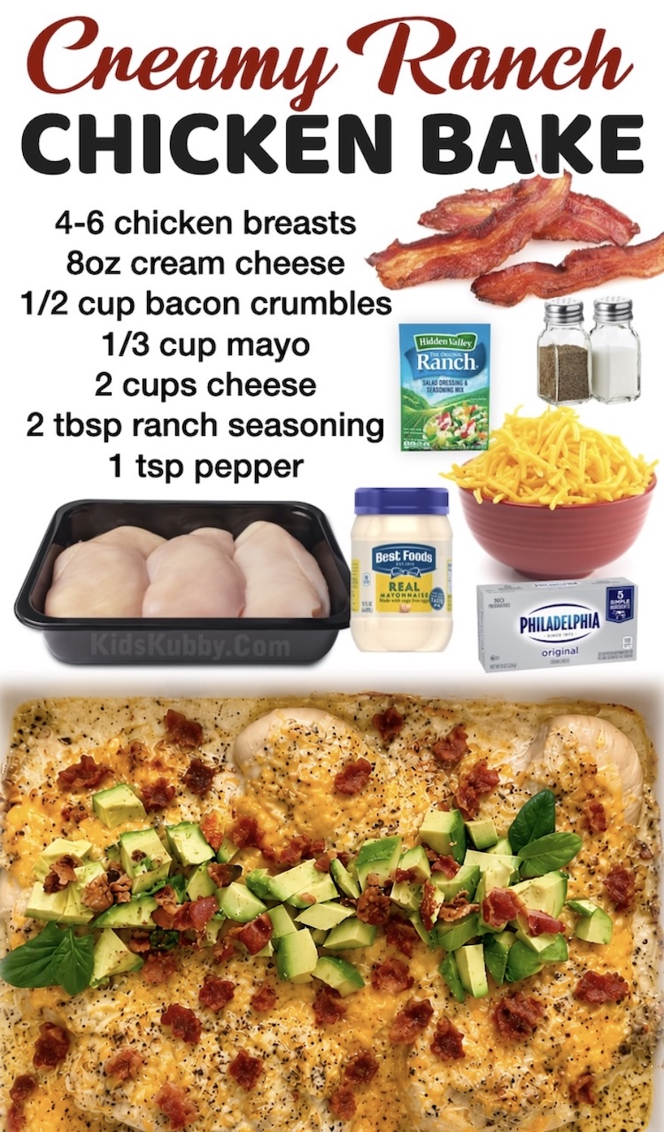 Creamy Ranch Baked Chicken Breasts | This cheesy chicken recipe is a win with my family! It's super versatile, too. Sometimes we serve it with pasta, sometimes rice. And don't forget the veggies! This baked chicken pairs well with broccoli or green beans. It's easy to make with mayo, cream cheese, ranch seasoning and cheddar. Top with crispy crumbled bacon to complete the meal!