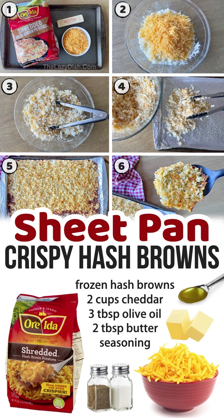 Frozen hash browns are a cheap and simple breakfast staple that everybody loves, and if you bake them in the oven on a sheet pan with cheese they turn out so crispy and delicious! Seriously, the best breakfast side dish! Potatoes are the best comfort food especially in the morning with a side of bacon and eggs. Really quick and easy to make in the oven! So much better than constantly have to stir them on the stove top. I love those crunchy edges! So yummy with ketchup. 